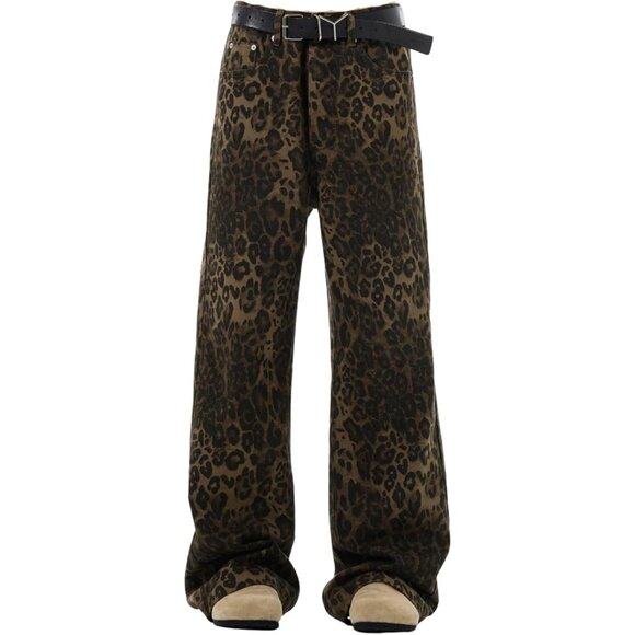 Y2K Leopard Jeans Women Men Baggy Cheetah Print Straight Leg Denim Casual - Picture 7 of 7